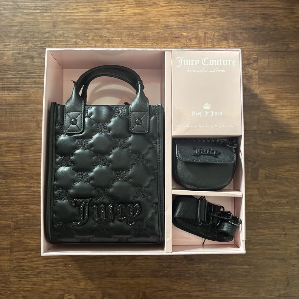 NWT Juicy Couture 3 Piece Bag Set Gothic Quilted Liquorice Coin Purse/ Strap